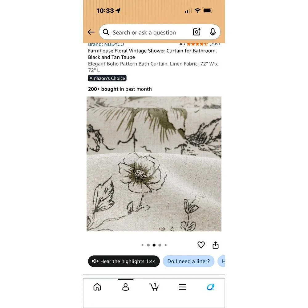 Vintage-Inspired Floral Shower Curtain, Black Tan Taupe 72x72 for Farmhouse Feel